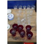 MIXED LOT VARIOUS CLEAR GLASS LIQUEUR GLASSES PLUS SMALL RUBY GLASS, WINES ETC