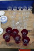 MIXED LOT VARIOUS CLEAR GLASS LIQUEUR GLASSES PLUS SMALL RUBY GLASS, WINES ETC