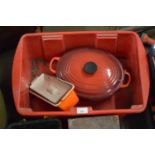 LE CREUSET CASSEROLE DISH AND FURTHER SMALLER POT (2)