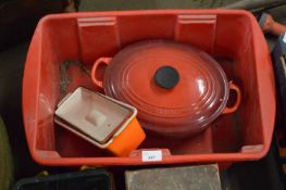 LE CREUSET CASSEROLE DISH AND FURTHER SMALLER POT (2)