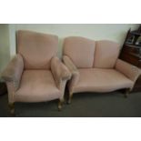 CABRIOLE LEGGED TWO-SEATER SOFA AND MATCHING ARMCHAIR (FOR RE-UPHOLSTERY)