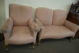 CABRIOLE LEGGED TWO-SEATER SOFA AND MATCHING ARMCHAIR (FOR RE-UPHOLSTERY)