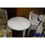WHITE PLASTIC GARDEN TABLE AND FOUR CHAIRS