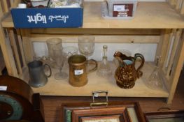 MIXED LOT VARIOUS GLASS WARES, COPPER LUSTRE JUG, TANKARDS ETC