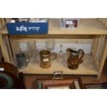 MIXED LOT VARIOUS GLASS WARES, COPPER LUSTRE JUG, TANKARDS ETC