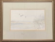 Jason Partner (British, contemporary), Wildfowl Over The Broad, signed and dated (1987),9x15ins,