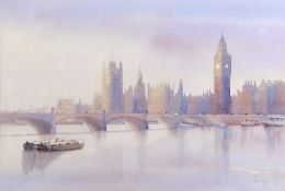 Lanyu Wang-Kemp (British/Chinese, Contemporary) Twilight at Westminster , Watercolour, signed.