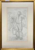 Attributed to Hyman Segal (British 20th century) pencil sketch of two capped figures carrying