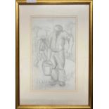 Attributed to Hyman Segal (British 20th century) pencil sketch of two capped figures carrying