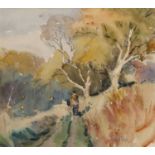 Rowland Fisher (British 1896-1976), A lone figure walking within a woodland scene, watercolour,