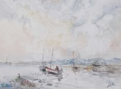 Jack Cox (British, 1914-2007), Beached boats, watercolour on paper, signed. 9.5x13ins.