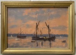 Stanley Miller (British, 20th century) Pinmill barges at dusk, oil on board, signed, 7.5x12ins,