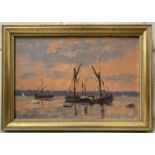 Stanley Miller (British, 20th century) Pinmill barges at dusk, oil on board, signed, 7.5x12ins,