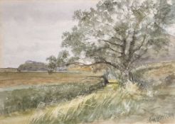 Charles Harmony Harrison (British, 1842-1902), An English Landscape with hedgerows. Watercolour on