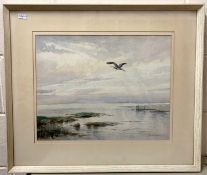 Roland J. Green (British, 20th century) A lone Heron in flight, watercolour, signed and dated (