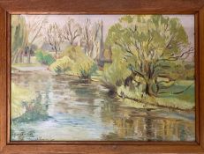 British School 20th Century, Riverbank view with a distant church, oil on board, inscribed and