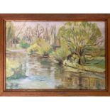 British School 20th Century, Riverbank view with a distant church, oil on board, inscribed and