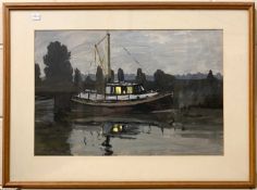 John Owen (British, 20th century) Tempera, Sailer at dusk, signed and dated (1964),14x21ins,