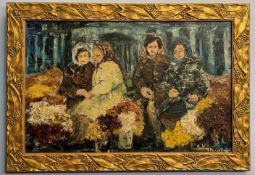 T.Mc Carthy (Irish, contemporary), Four seated ladies surrounded by flowers. oil on board, signed,