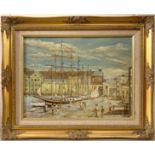 W.Warring, Tall ships in a crowded French port, oil on board, signed and dated (1990),11.5x15ins,