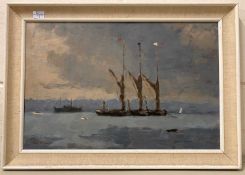 Stanley Miller (British, 20th century) Thames barges at Pinmill, oil on board (artists label on