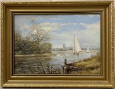 Keith W. Hastings (British, 20th century) River scene with two sailing boats and distant church,