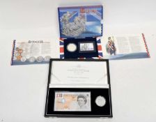 Cased 2003 silver Coronation anniversary proof coins and £10 note set together with a 1999 silver £2