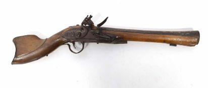 19th century Turkish flintlock blunderbus pistol circa 1800 with siver inlay to barrel and walnut