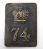 Victorian brass rectangular Other Ranks cross belt plate for the 74th Regt of Foot (Highlanders)