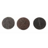 Three Georgian tokens and coins to include 1795 Bungay half penny trade token, 1790 Scottish