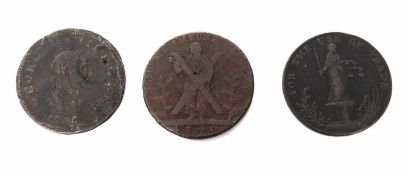 Three Georgian tokens and coins to include 1795 Bungay half penny trade token, 1790 Scottish