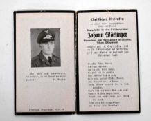 WWII Third Reich German Fallschirmajer death card to Obergefreiter Johann Worlinger, killed on