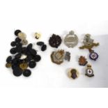 Small quantity of 20th century British cap badges, buttons and brooches to include 23 black Bakelite