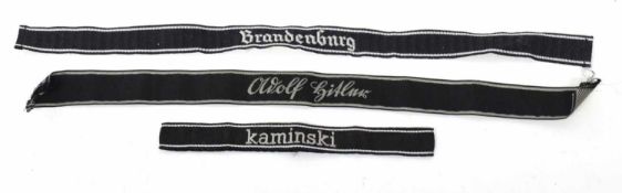 Quantity of reproduction Third Reich Waffen SS cuff titles for Brandenburg, Kaminski etc (3)