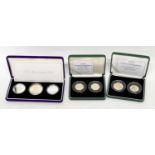 Cased 2002 silver three coin The Accession proof set together with 1998 silver two-coin 50p proof