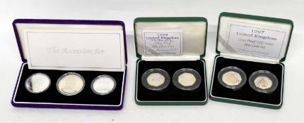 Cased 2002 silver three coin The Accession proof set together with 1998 silver two-coin 50p proof