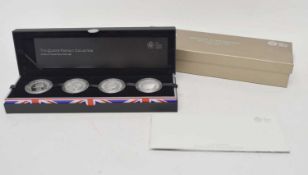 Cased Elizabeth II 60th anniversary portrait collection set, four £5 silver proof coin set