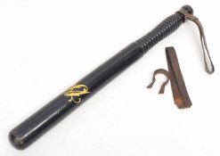 Victorian turned wooden Police truncheon with painted/gold leaf VR cipher, turned wooden handle with