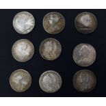 Collection of nine silver half crowns, four Queen Anne, three Charles II, two William and Mary,