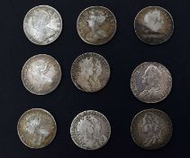 Collection of nine silver half crowns, four Queen Anne, three Charles II, two William and Mary,