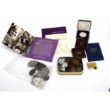 Box of assorted coins including 1893 crown, 1937 crown (2), 1891 silver proof wedding crown (