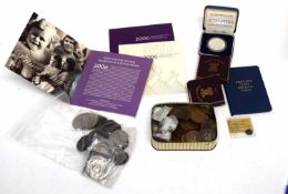 Box of assorted coins including 1893 crown, 1937 crown (2), 1891 silver proof wedding crown (