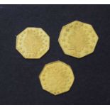Quantity of three small gold American coins to include 1876 gold quarter dollar piece, 1880 gold