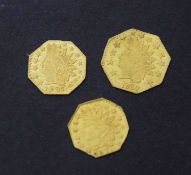 Quantity of three small gold American coins to include 1876 gold quarter dollar piece, 1880 gold
