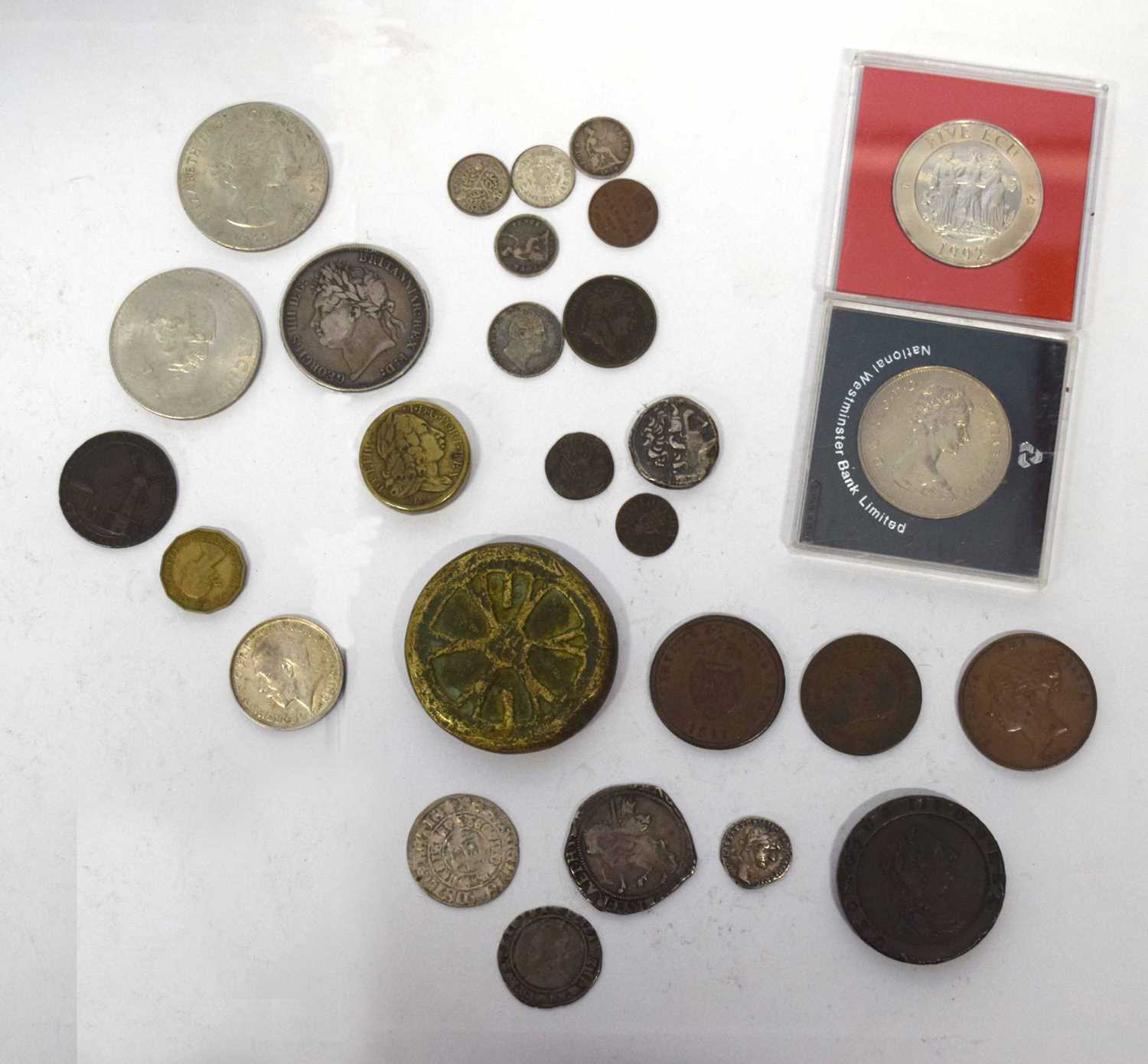 Assortment of coins to include Elizabeth I 1574 sixpence, George IV 1821 crown, William IV 1836