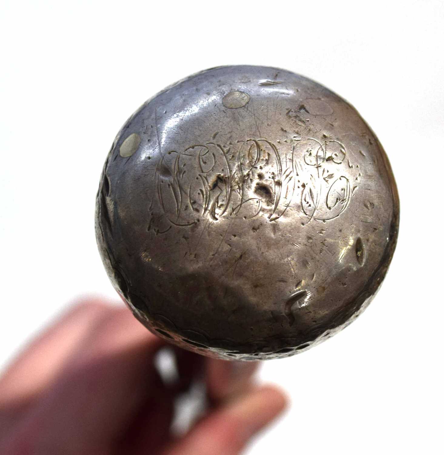 Silver topped walking stick, hallmarked 1921 London, with initials and scribed monogram and chased - Image 2 of 3