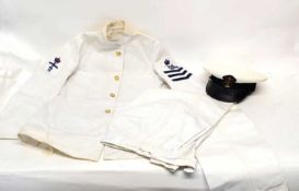 Set of post-war Elizabeth II Royal Naval tropical dress tunic and trousers with peak cap, jacket
