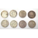 Four silver William III crowns together with four silver George III crowns, all varying dates and