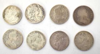 Four silver William III crowns together with four silver George III crowns, all varying dates and