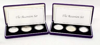 Two cased 2002 silver three coin Accession proof sets